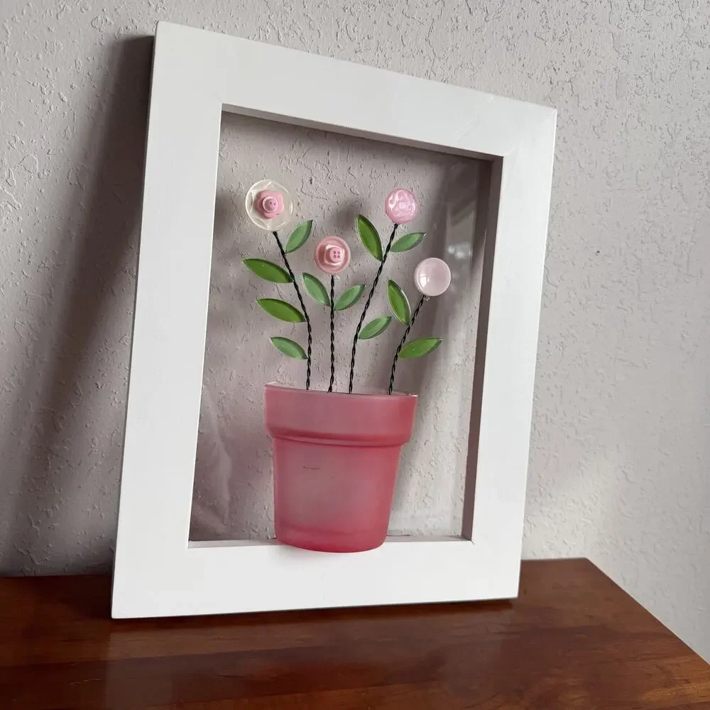 Pink Button Flower Pot White Frame Picture 9.25